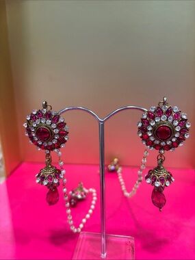 Traditional Gold-Plated Pink Stone Jhumka Earrings with Pearl Chain